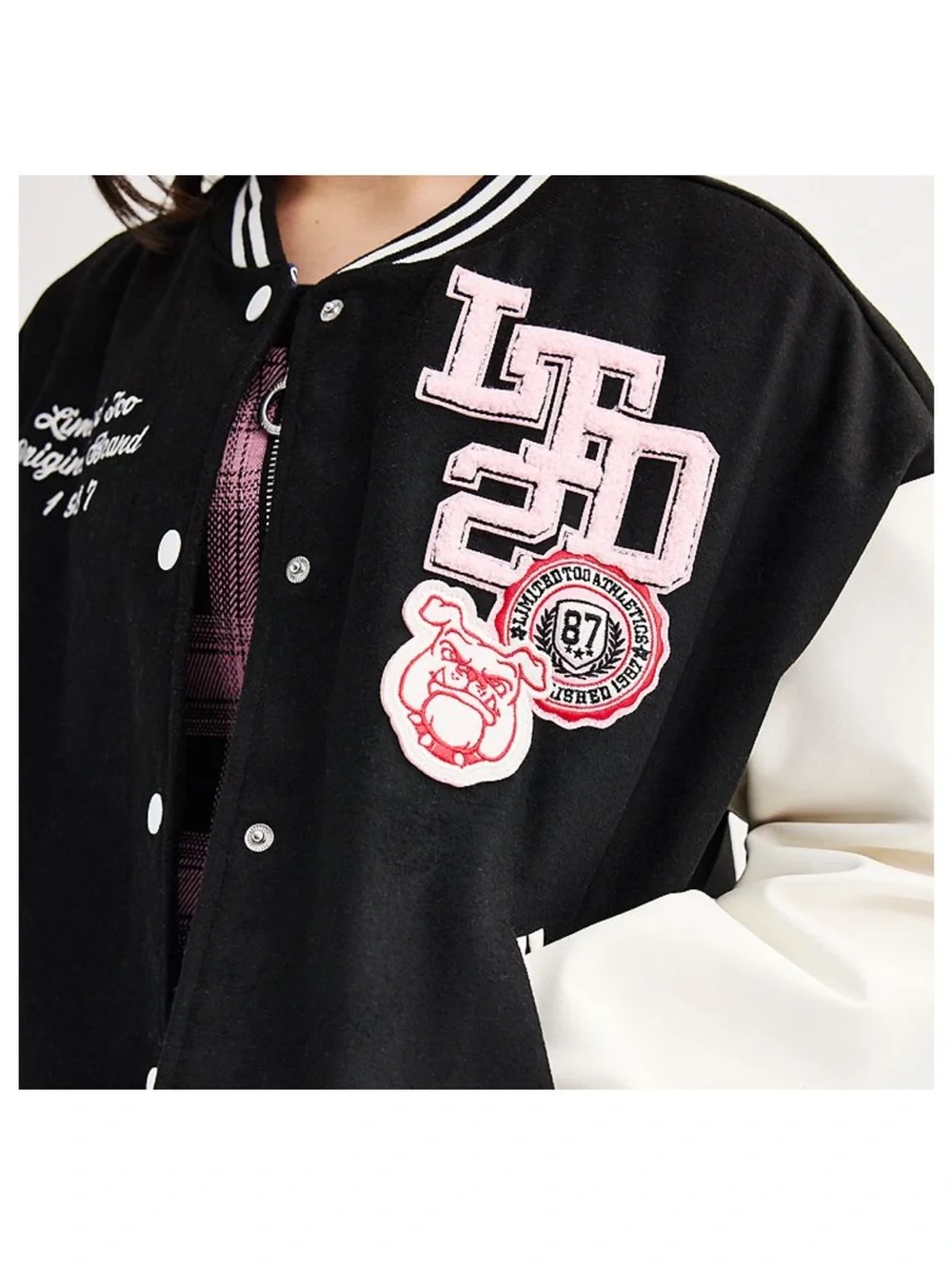 Limited Too Black & White Varsity Jacket with Pink Accents Size 12/14